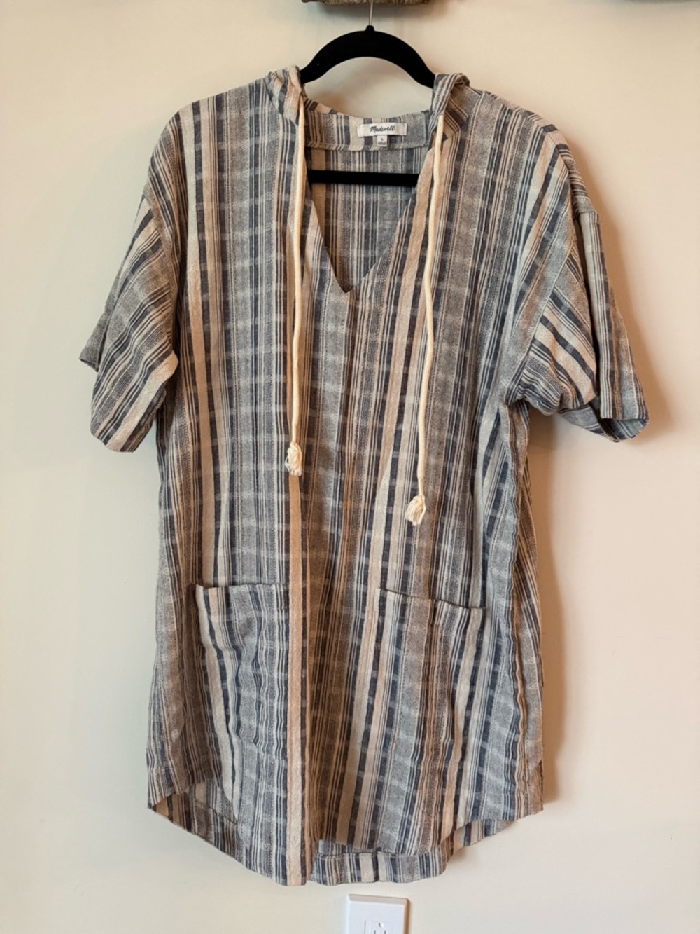 Madewell Striped Swim Cover Up Hooded Tunic Blue Tan Beach Pullover Size L